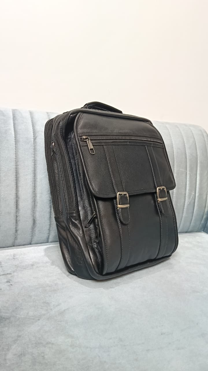 Genuine Cow Leather Dual Lock Bag- Black